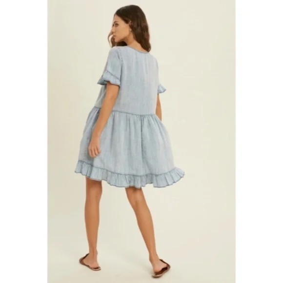 Denim Tencel Square Neck Short Sleeve Ruffle Trim Babydoll Casual Mini Dress - Picture 10 of 11
